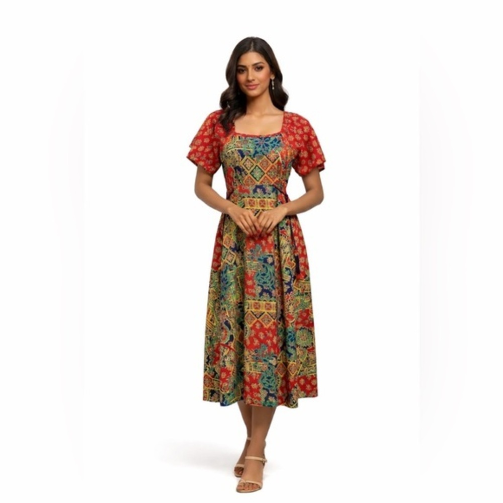 The House of Nu-Mode Vibrant Colourful Vintage Dress with ties beaded ends